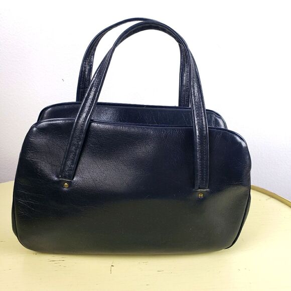 Women's Vintage Unbranded Black Leather 70's Small Hand Bag Purse - Picture 1 of 11